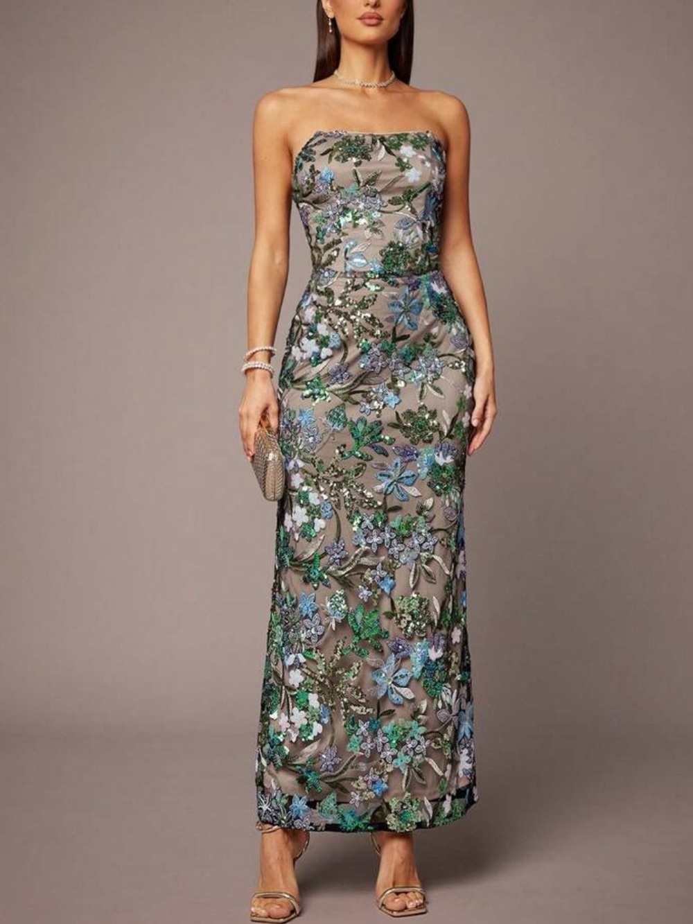 Luxe green floral lace appliqué party prom dress